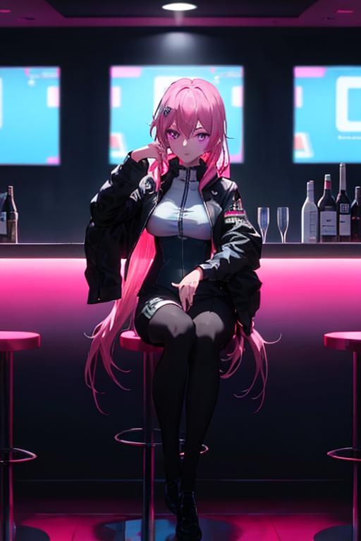 00217-984404887-Cyberpunk, 1girl, sitting in a futuristic bar, holding a glass, modified human, elegant suit, pink hair, purple eyes, looking in.png